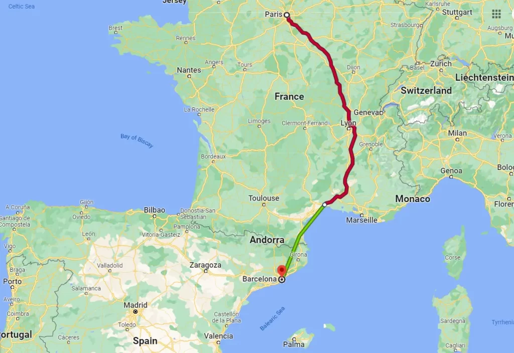 Paris to Barcelona Train Map