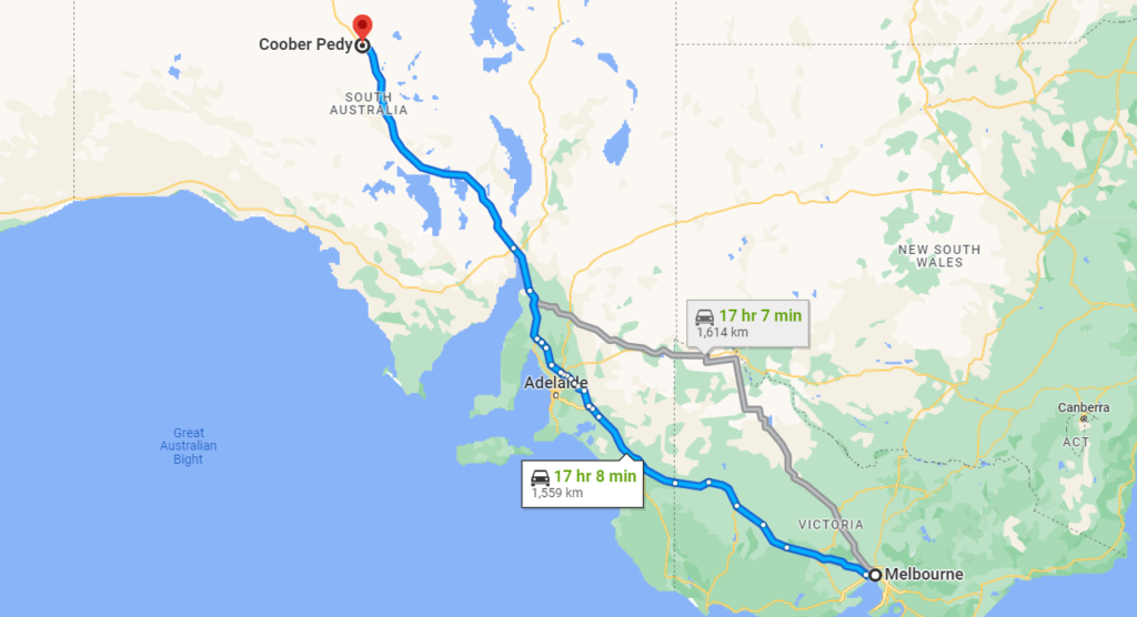 Map of Melbourne to Coober Pedy Road Trip