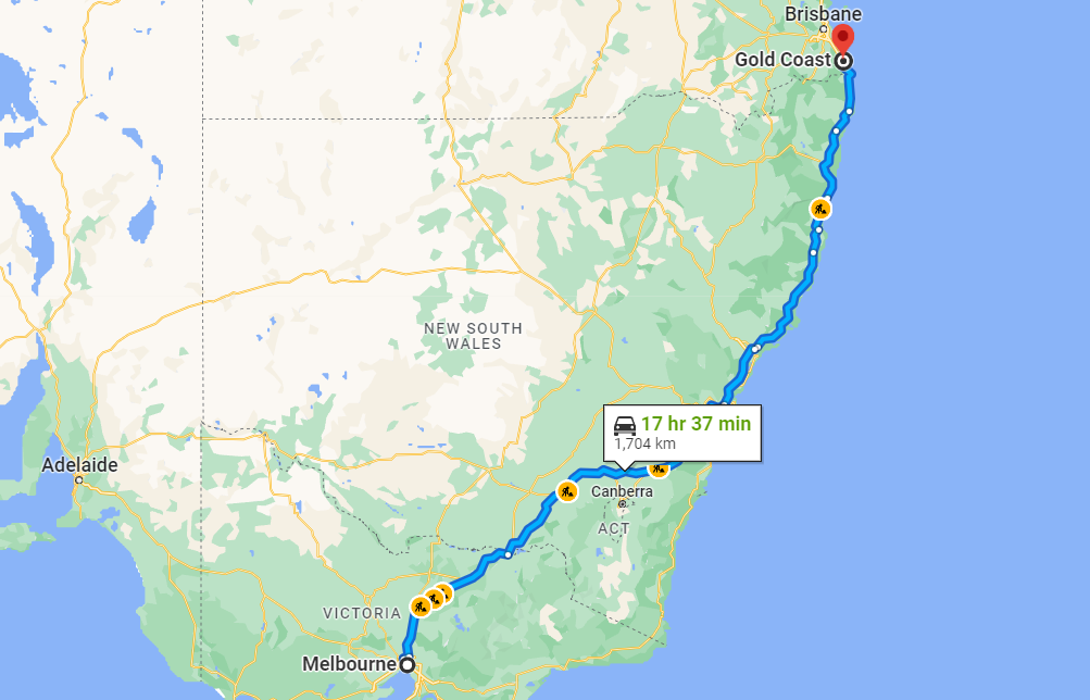 Melbourne to Gold Coast Drive Route