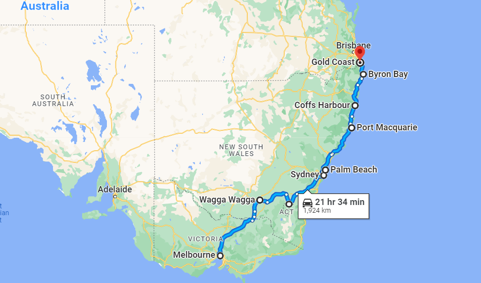 Melbourne to Gold Coast road trip map