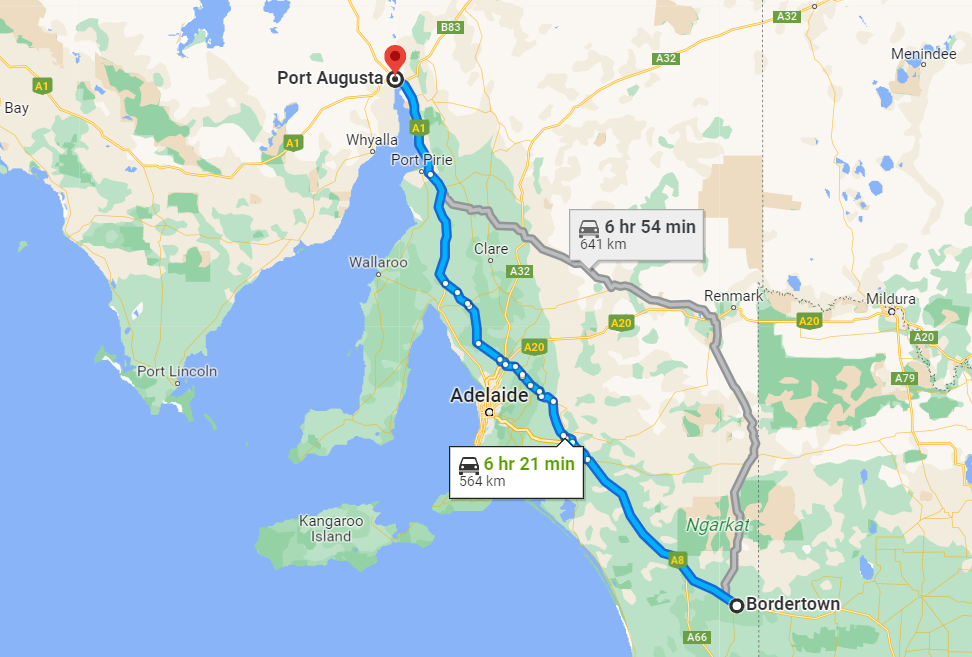 Bordertown to Port Augusta Map