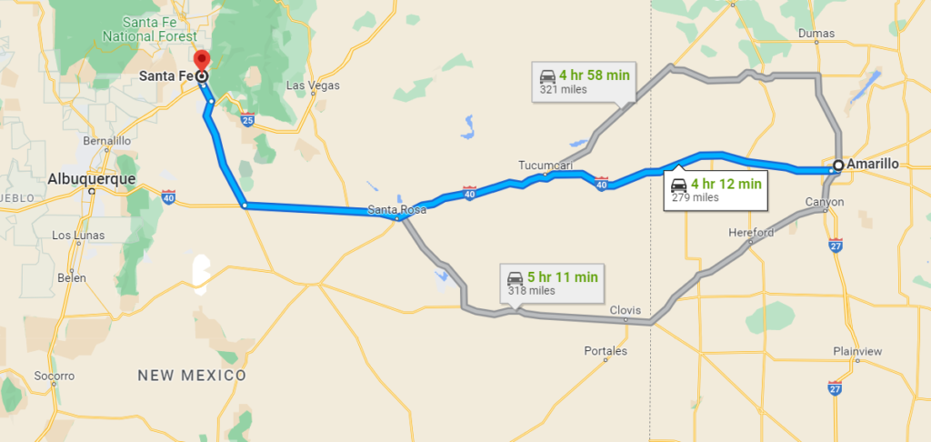 Map of Amarillo to Santa Fe Road Trip