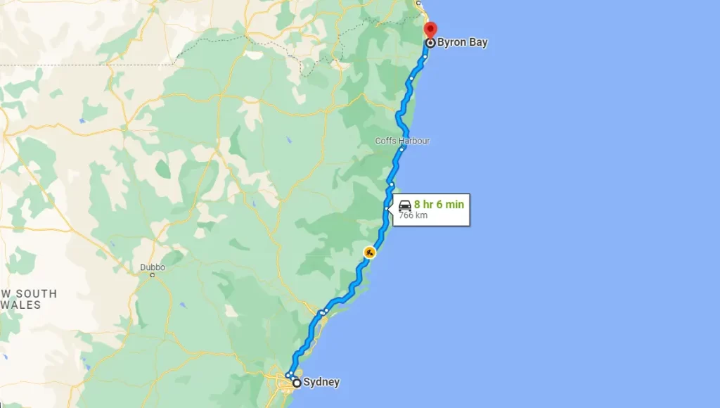 Sydney to Byron Bay road trip map