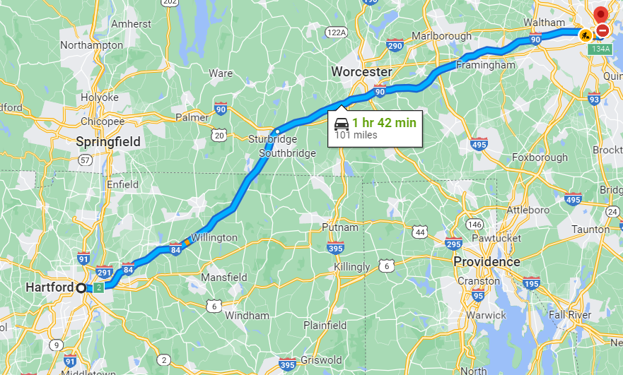 Hartford to Boston driving route