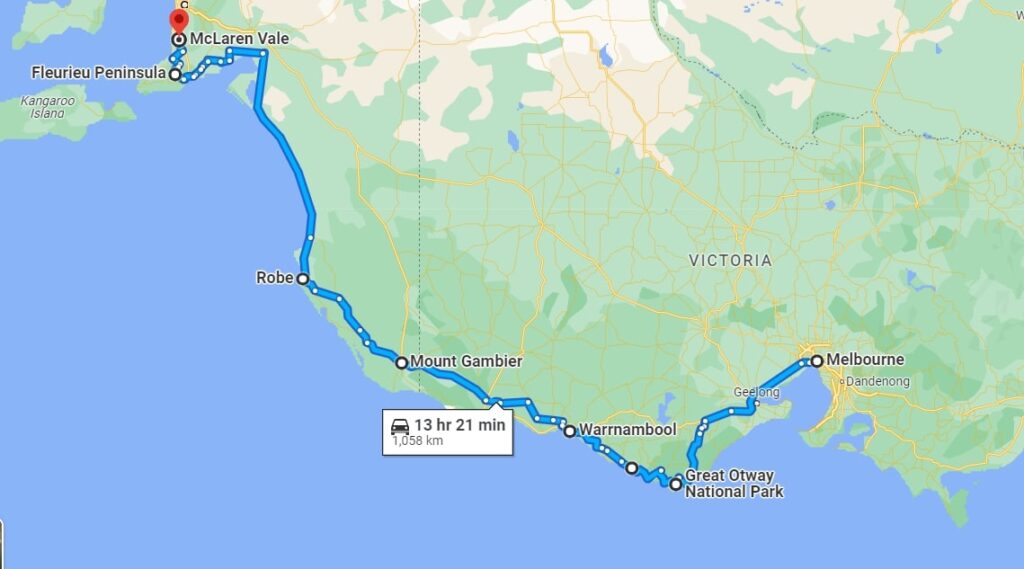 Melbourne to Adelaide road trip map