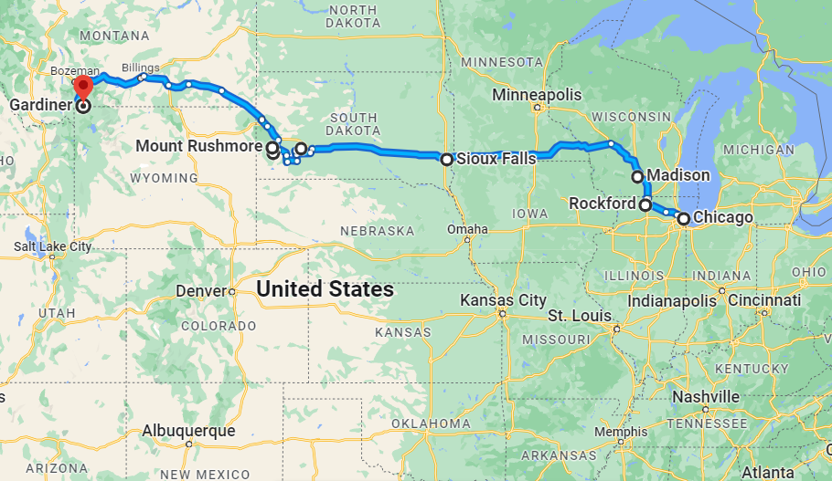 Chicago to Yellowstone driving route