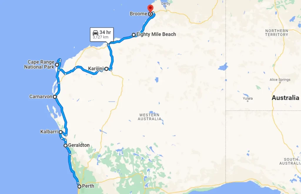 Perth to Broome road trip map