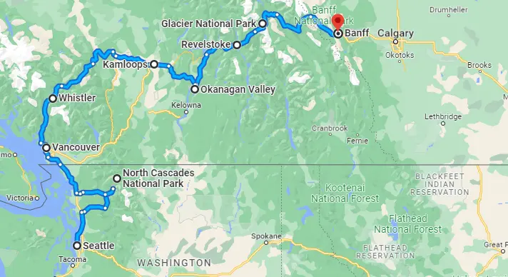 Seattle to Banff Road Trip Map