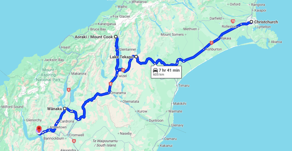 Christchurch to Queenstown Road Trip Map